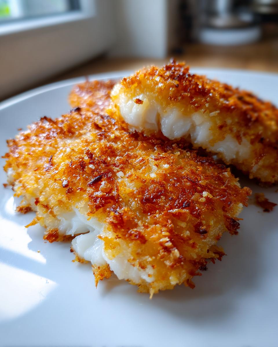 Close-up of golden crispy panko crusted cod fillets on a white plate.