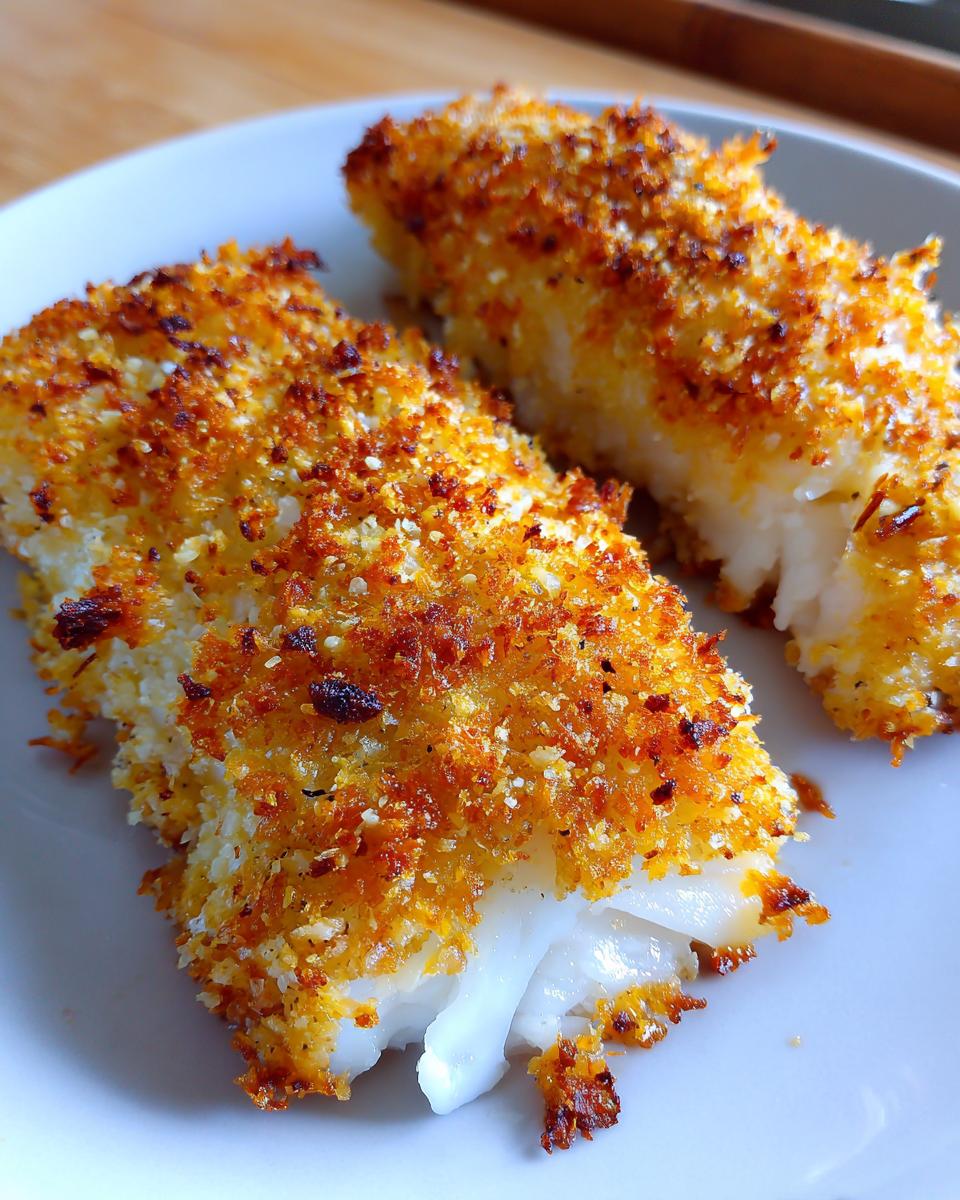 Close-up of crispy panko crusted cod fillets with golden brown breading on a white plate.