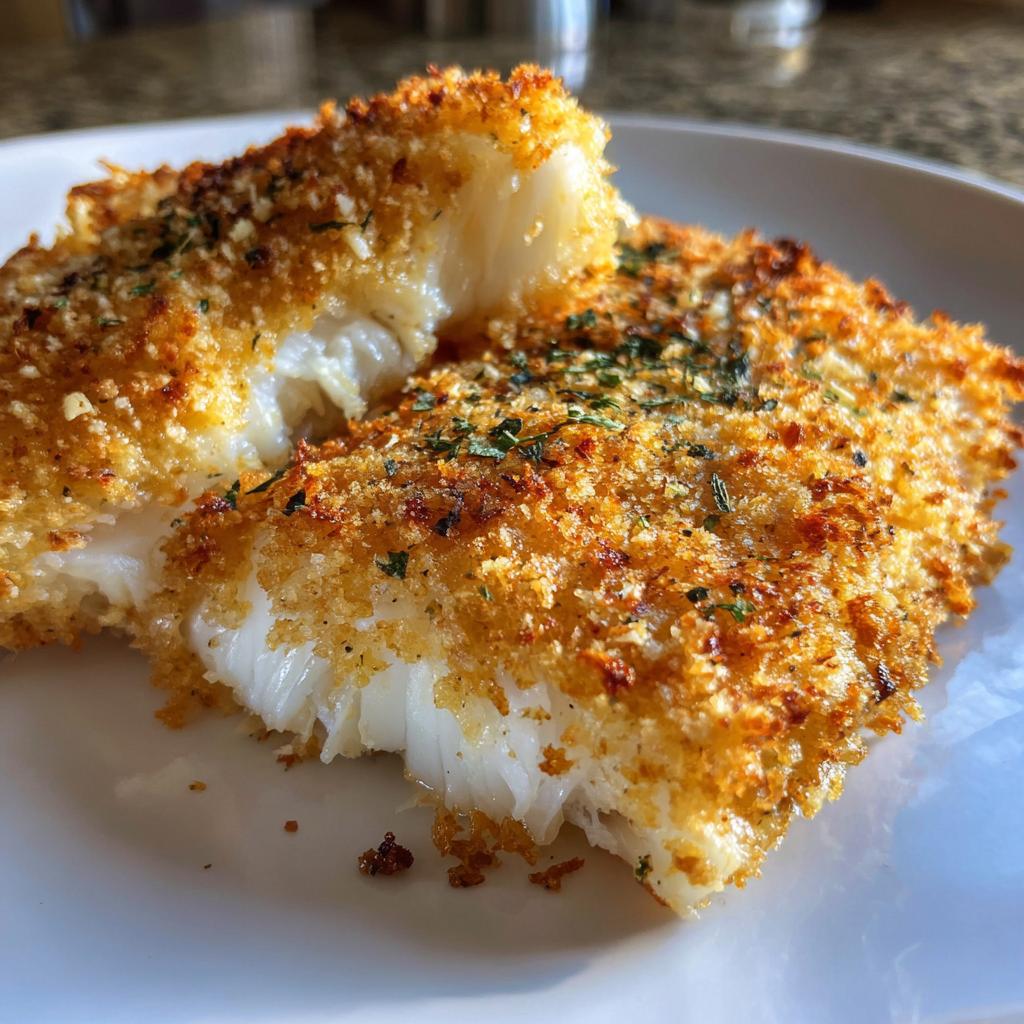 Close-up of crispy panko crusted cod fillets with a golden-brown texture on a white plate.