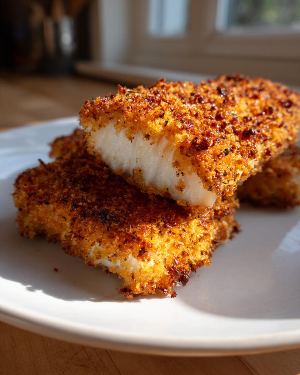 Close-up view of crispy panko crusted cod fillets with a golden-brown crust on a white plate.