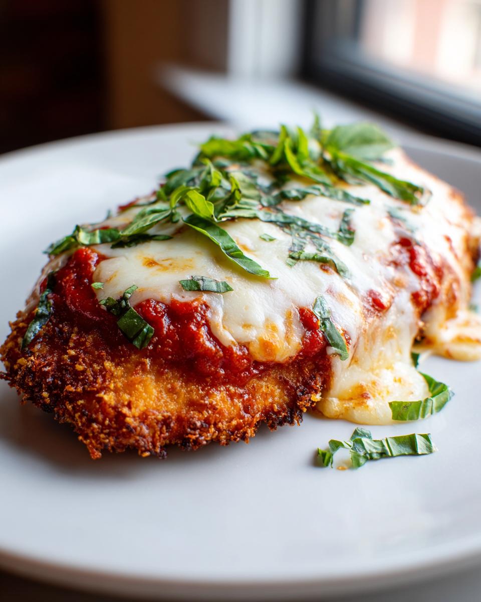 Crispy baked chicken parmesan topped with melted cheese, tomato sauce, and fresh basil on white plate.