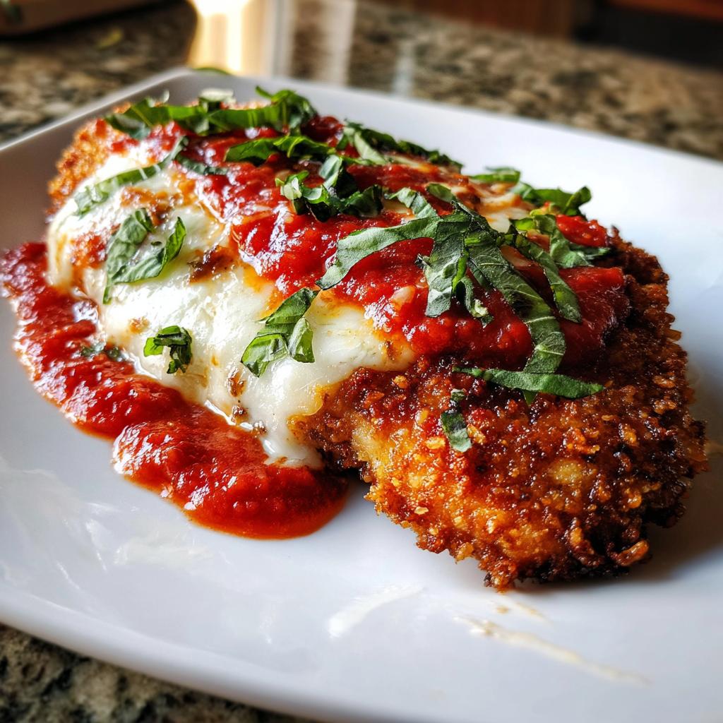 Close-up of easy baked chicken parmesan recipe topped with melted cheese, marinara sauce, and fresh basil.