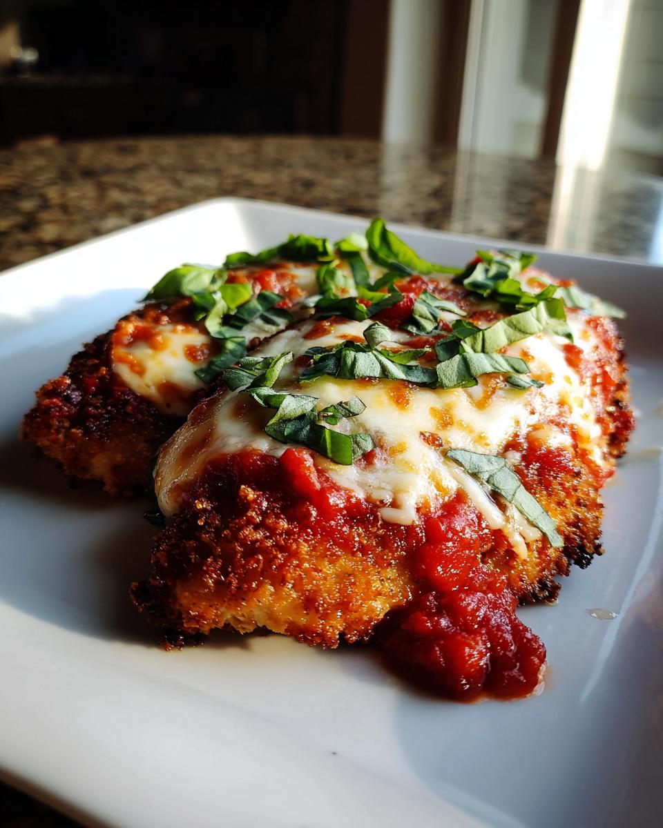 Close-up of easy baked chicken parmesan recipe topped with melted cheese, marinara sauce, and fresh basil.