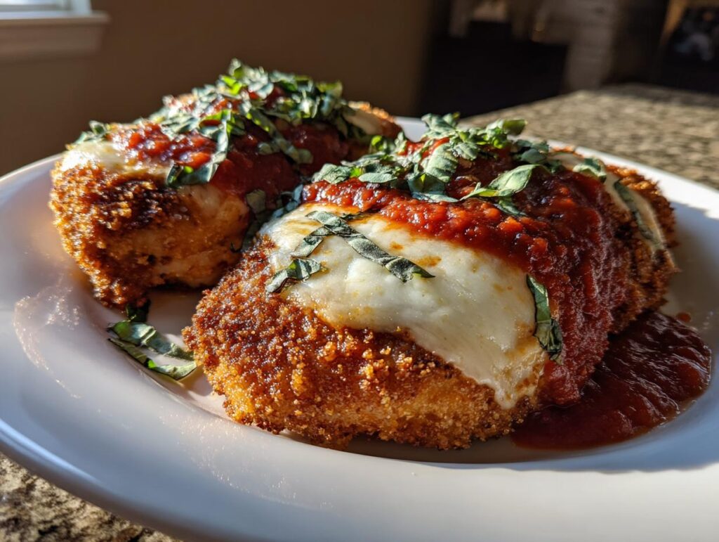 Close-up of easy baked chicken parmesan recipe with melted cheese, tomato sauce, and fresh basil on plate.