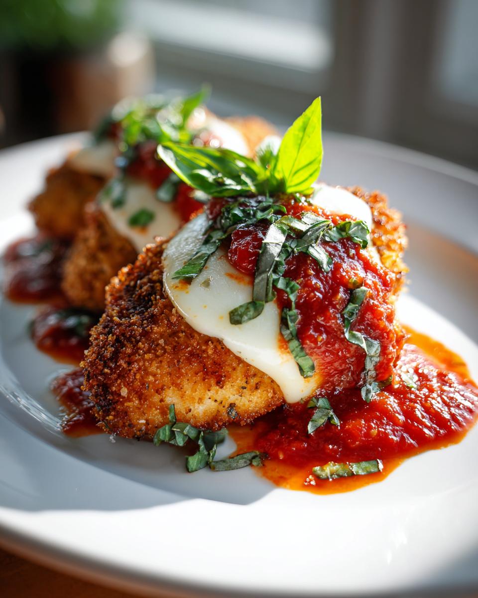 Plate with crispy easy baked chicken parmesan recipe topped with marinara sauce, melted cheese, and fresh basil