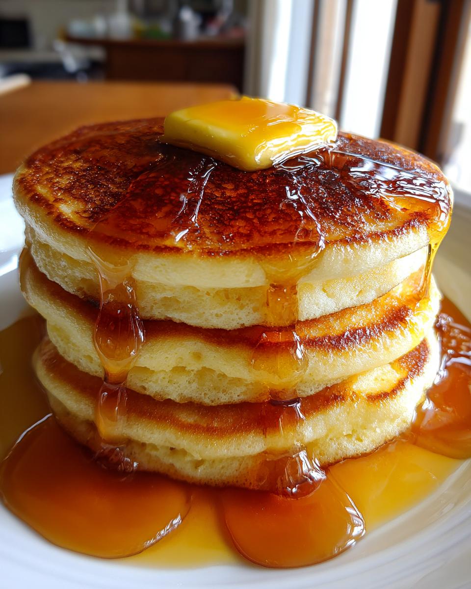 Close-up of fluffy buttermilk pancake breakfast recipe stack topped with melting butter and golden syrup.