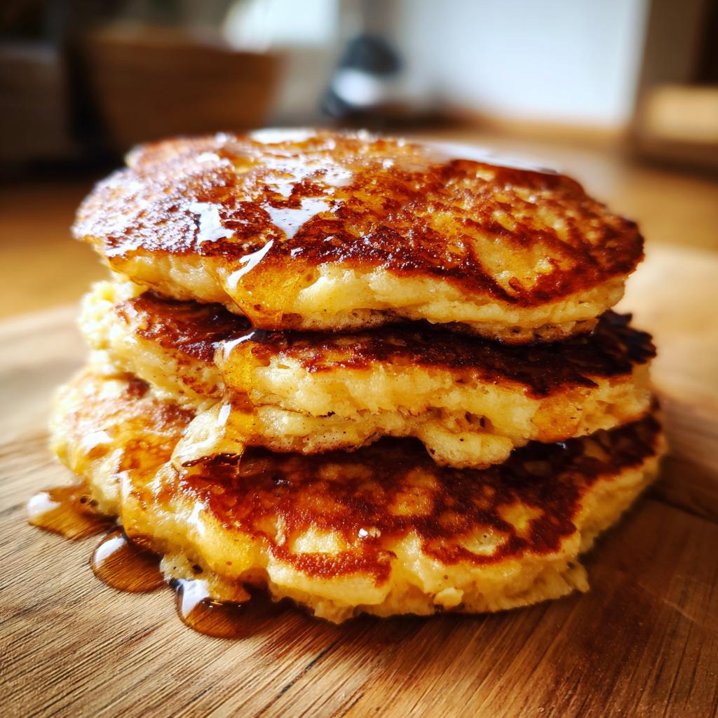 Close-up of a stack of fluffy buttermilk pancake breakfast recipe topped with syrup on wooden board.