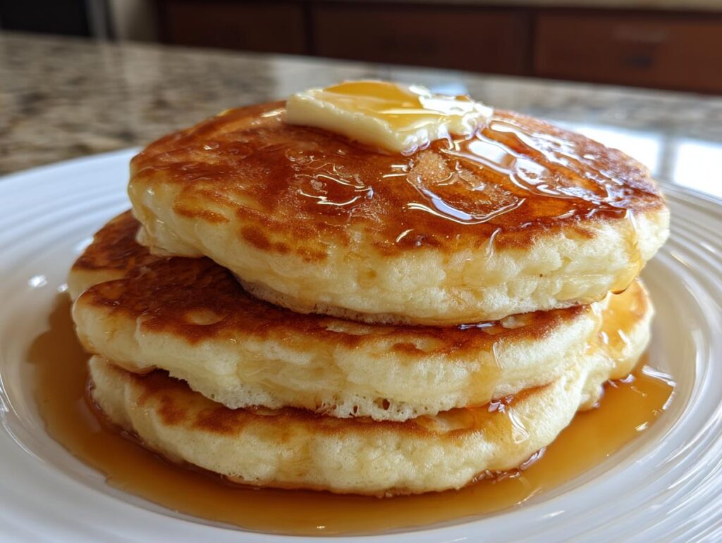 Close-up of fluffy buttermilk pancake breakfast recipe with syrup and butter on a white plate.
