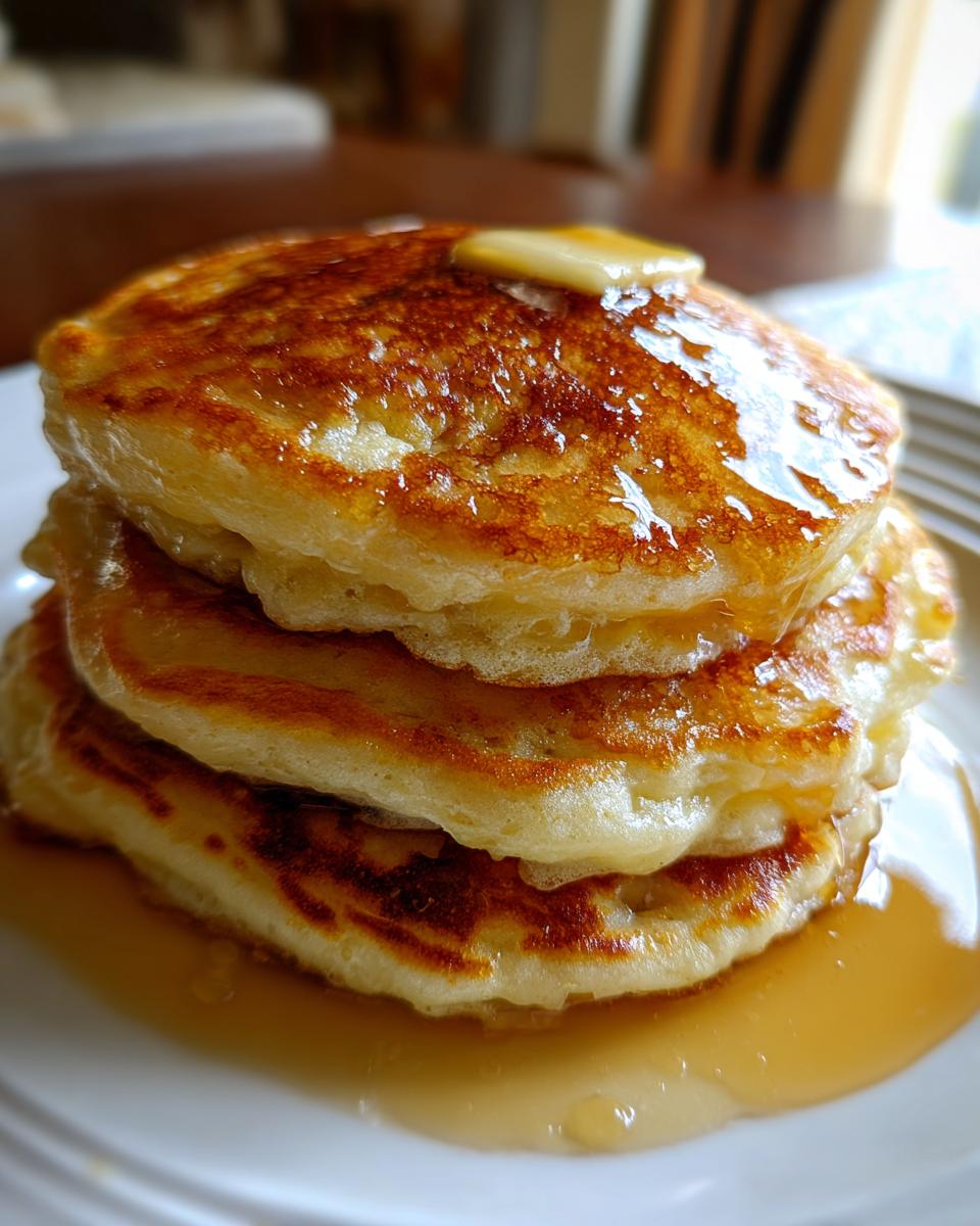 Stack of fluffy buttermilk pancakes topped with butter and syrup on a white plate