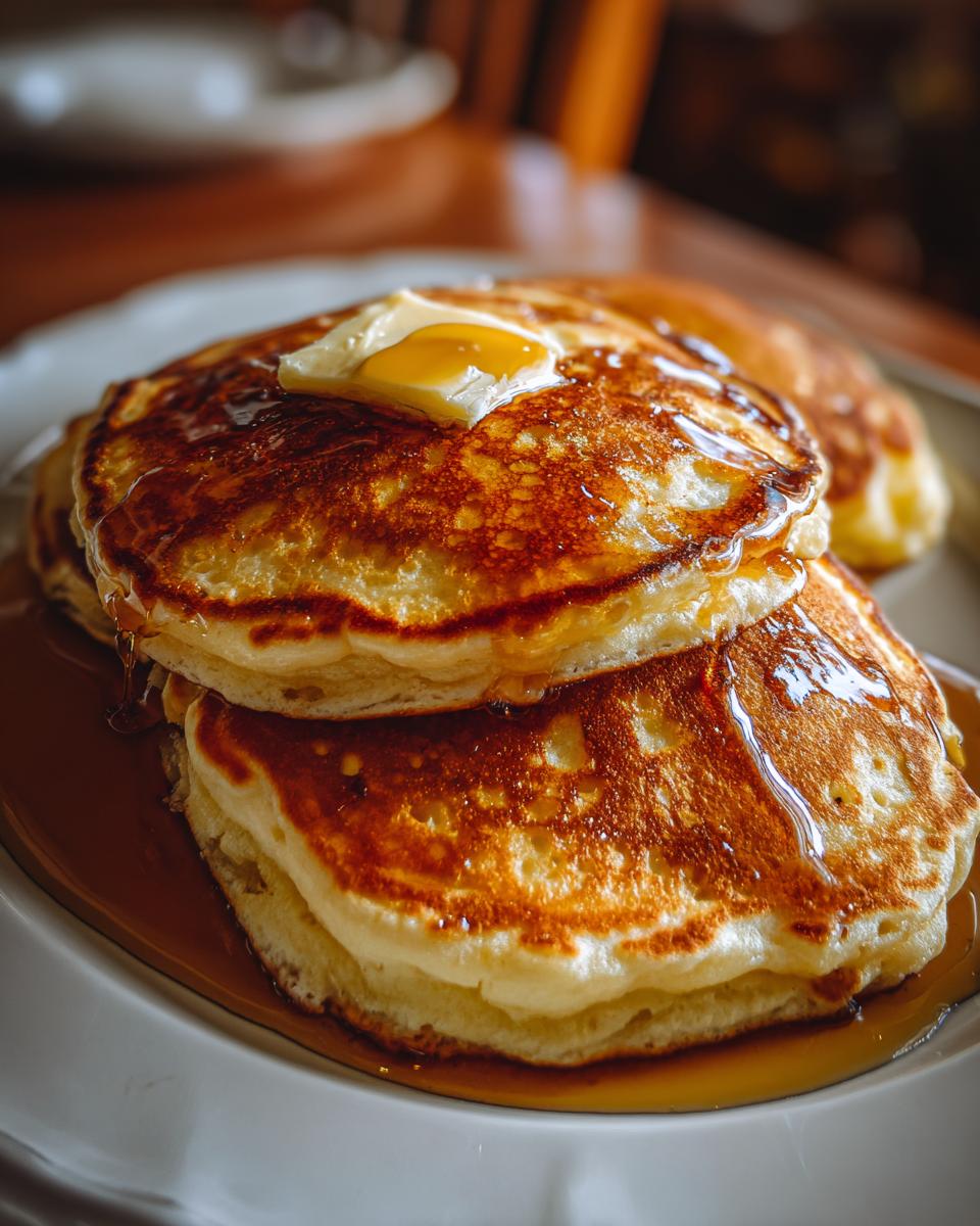 Close-up of fluffy buttermilk pancakes with butter melting on top and syrup drizzled over.