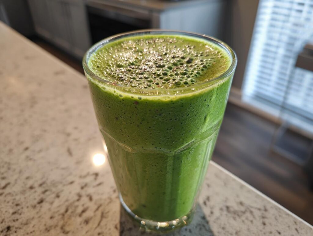 Close-up of a vibrant green spinach smoothie in a clear glass on kitchen counter