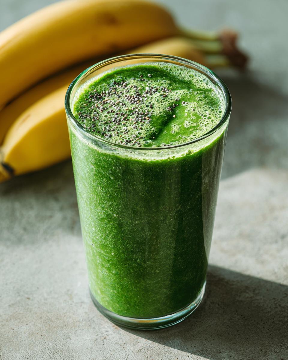 Glass of vibrant green spinach smoothie topped with chia seeds next to bananas