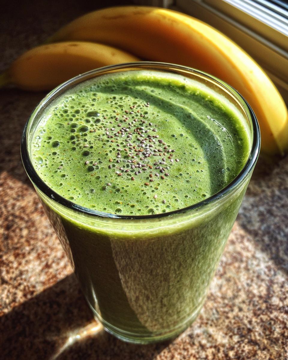 Glass filled with a vibrant green spinach smoothie topped with chia seeds and two bananas in background