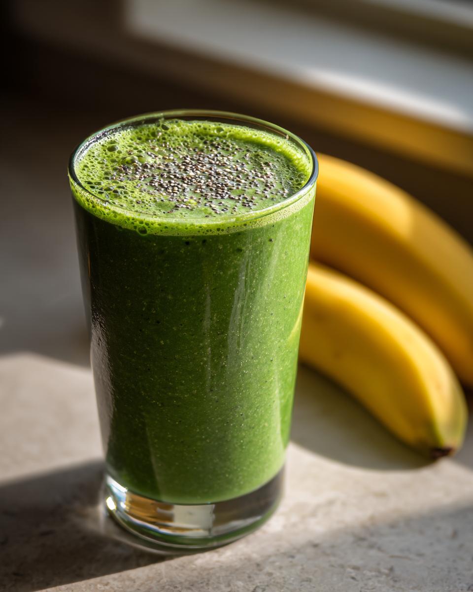 Glass filled with vibrant green spinach smoothie with chia seeds on top and bananas in background