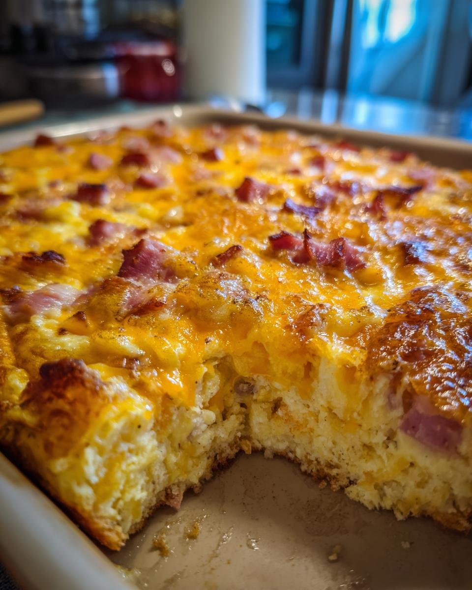 Close-up of ham cheese egg bake with golden cheese and ham pieces in baking dish