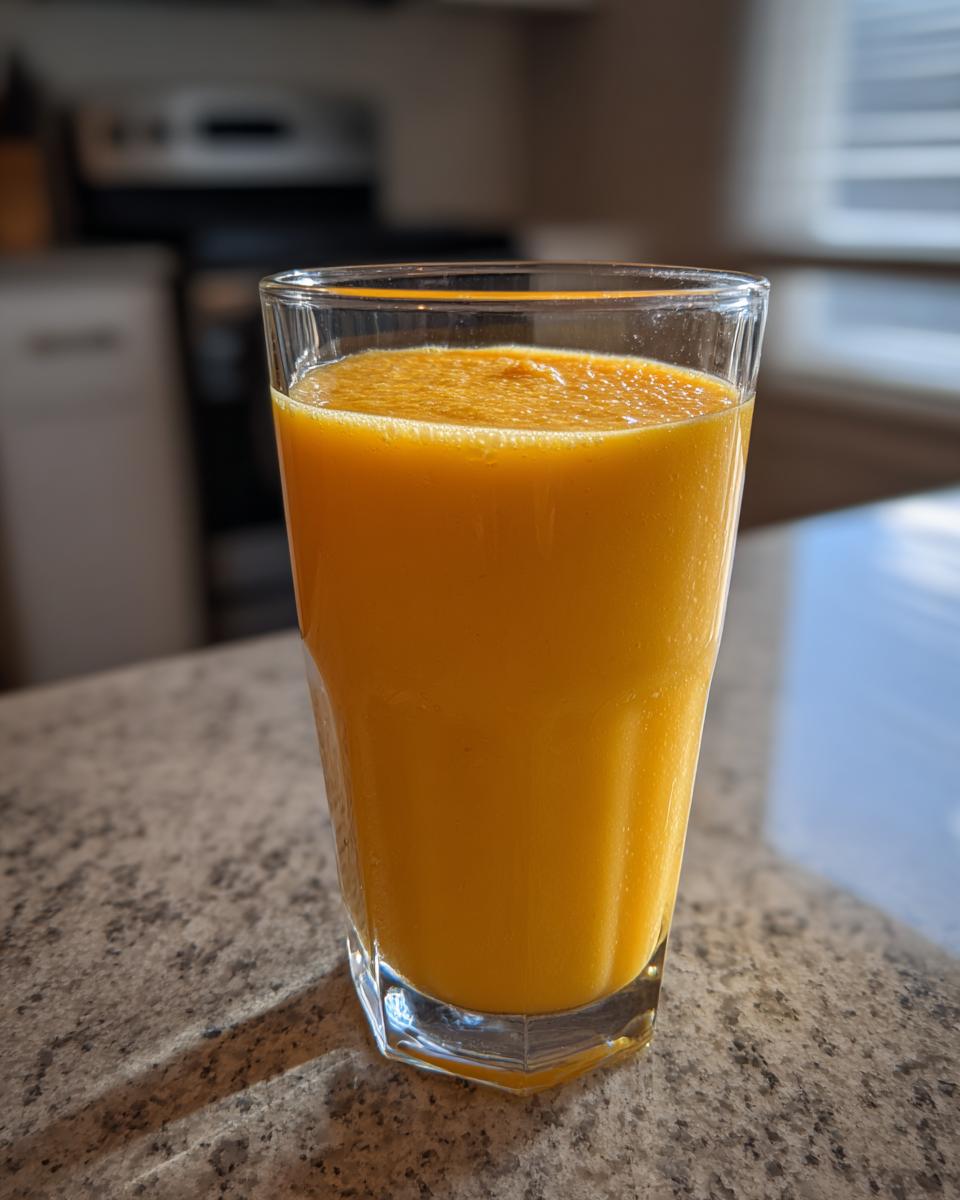 A glass filled with vibrant orange mango coconut smoothie on a kitchen counter.