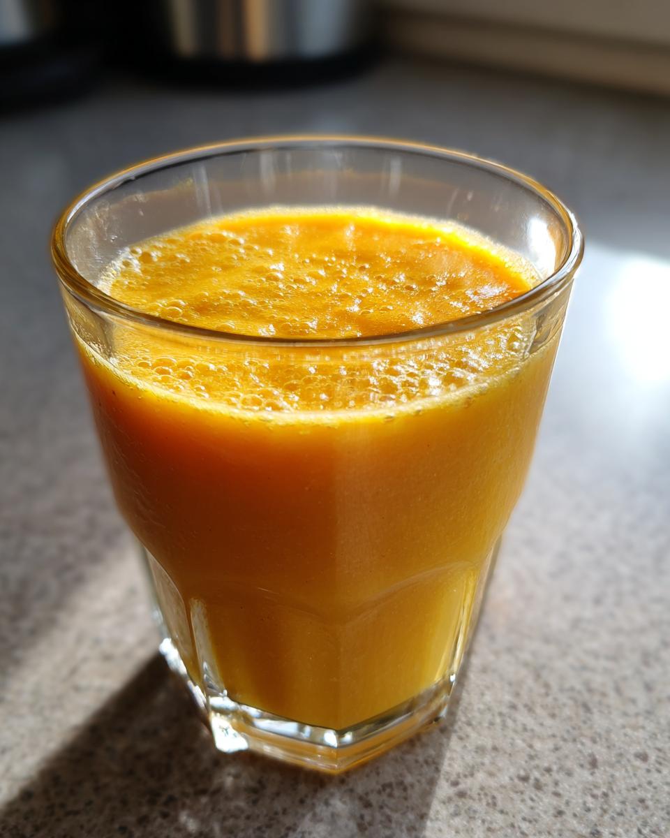 Glass filled with bright orange mango coconut smoothie on a kitchen counter.