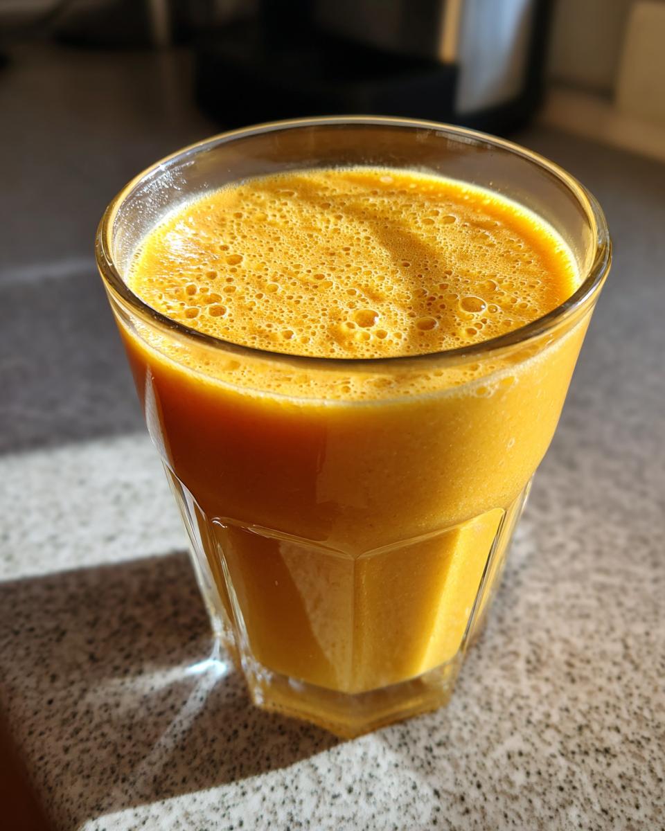 Close-up of a chilled mango coconut smoothie in a textured glass on a countertop.