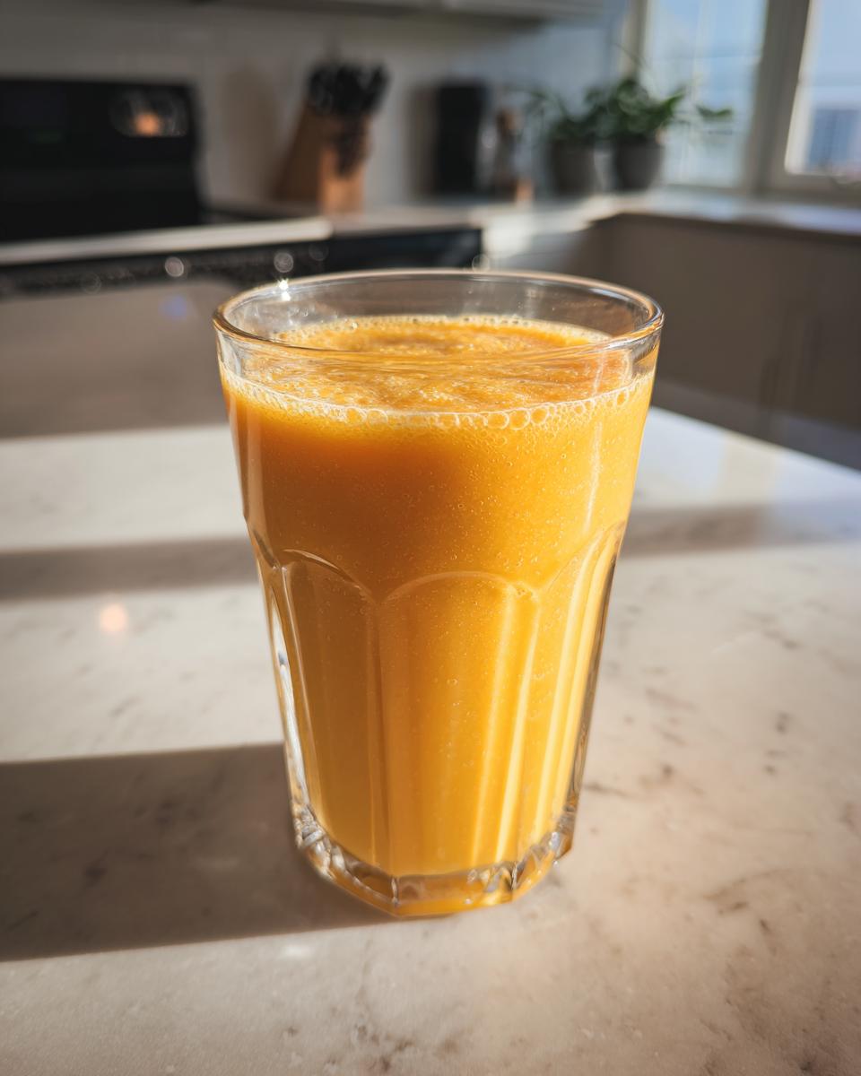 Glass filled with bright orange mango coconut smoothie on kitchen countertop.