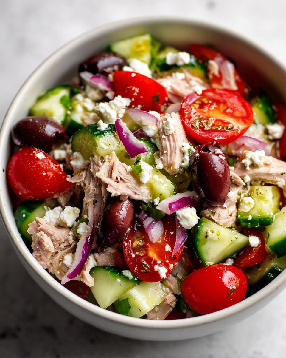 A bowl of mediterranean tuna salad with cherry tomatoes, cucumbers, olives, red onions, and feta cheese.