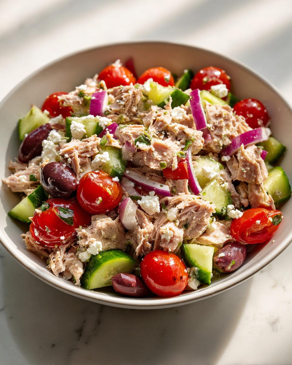 Bowl of mediterranean tuna salad with cherry tomatoes, cucumbers, olives, red onions, and feta cheese