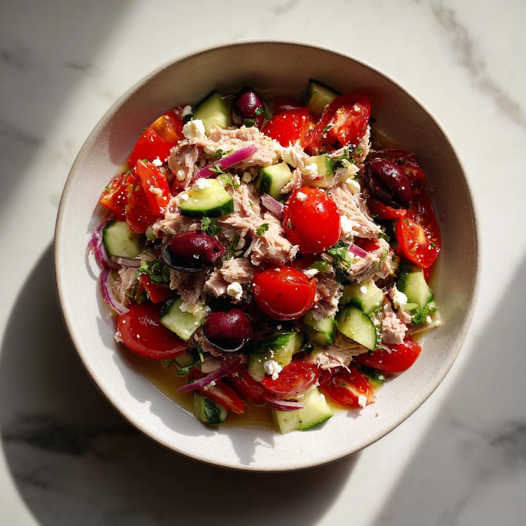 Bowl of colorful mediterranean tuna salad with cherry tomatoes, cucumbers, olives, and feta cheese