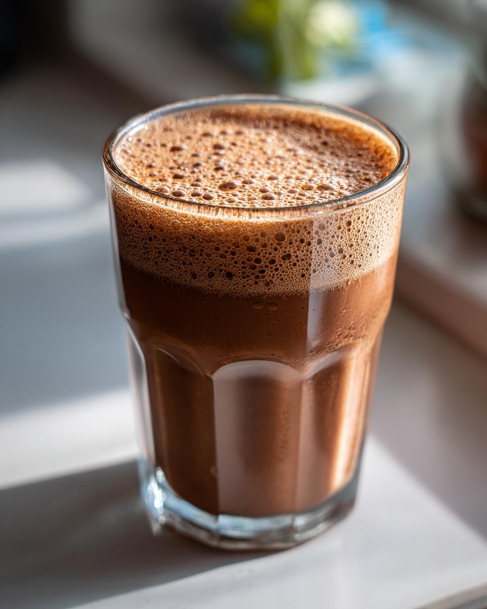 Glass filled with frothy mocha coffee smoothie on white surface.