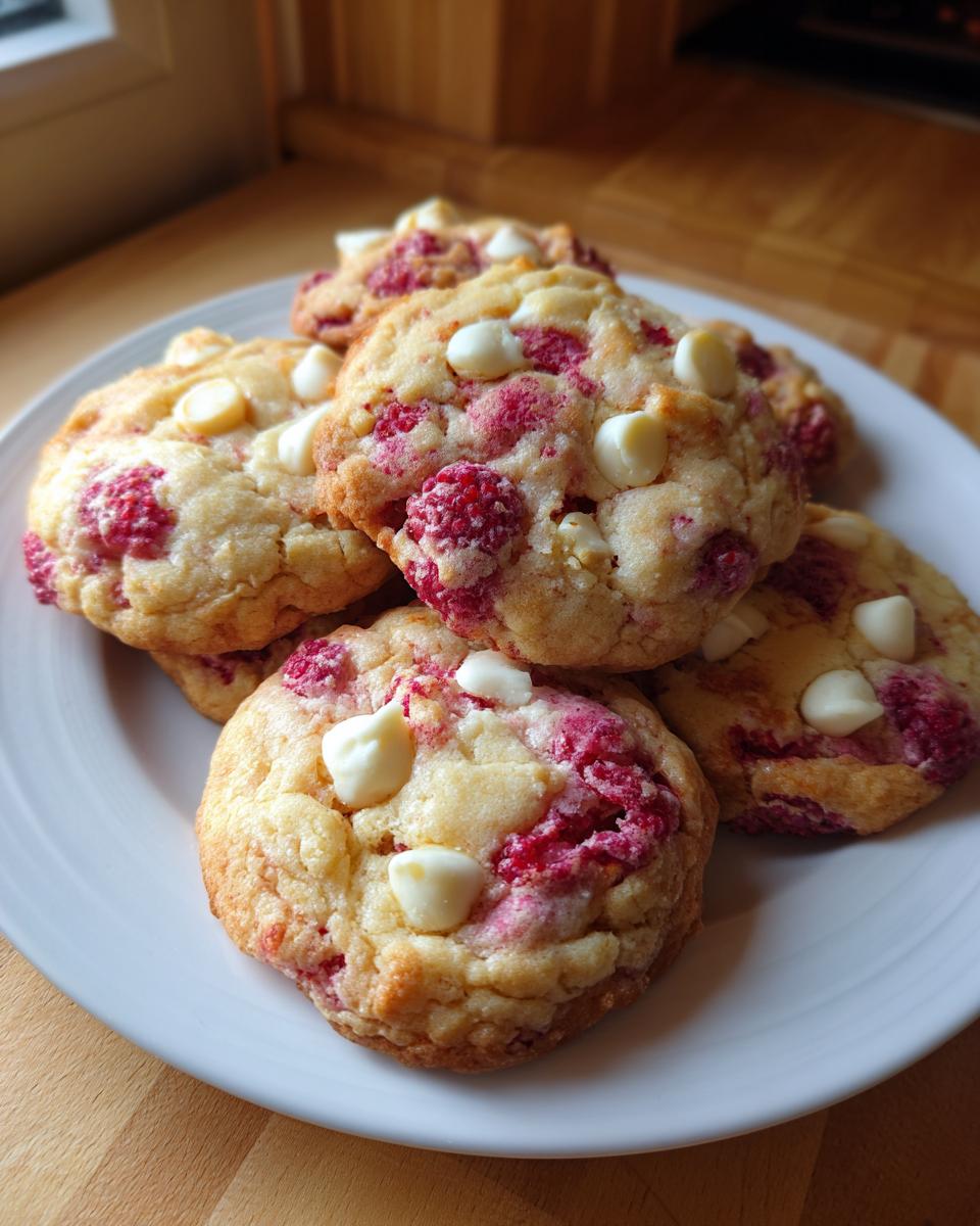 Plate with freshly baked raspberry white chocolate chip cookies stacked together