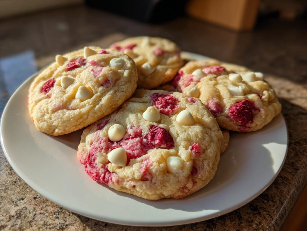 Plate of freshly baked raspberry white chocolate chip cookies with visible white chocolate chips and raspberry pieces.