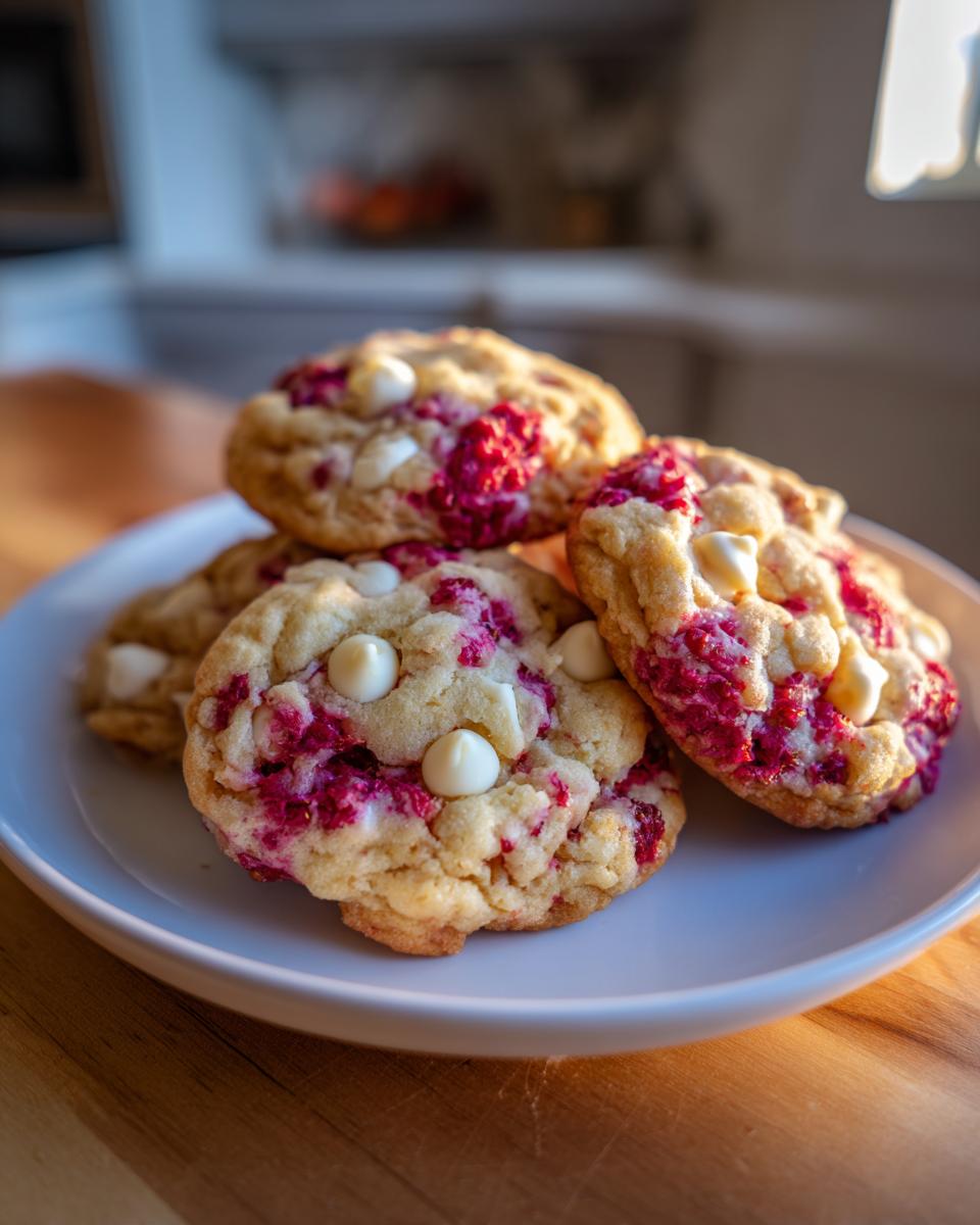 Close-up of raspberry white chocolate chip cookies stacked on a white plate.