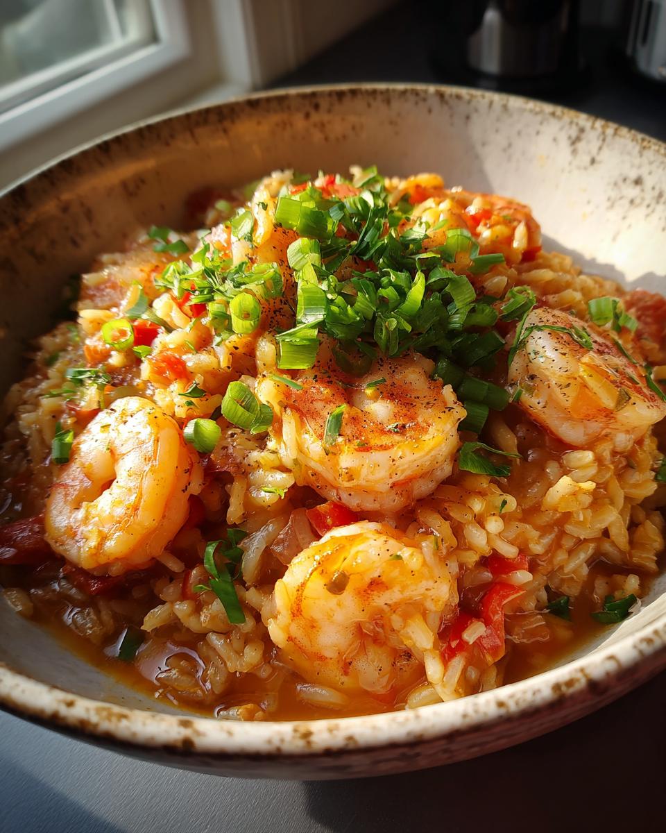 Bowl of shrimp jambalaya with cooked shrimp, rice, vegetables, and chopped green onions on top.