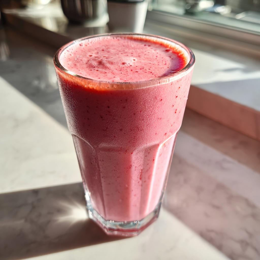 Glass filled with a frothy pink strawberry banana smoothie on a marble surface