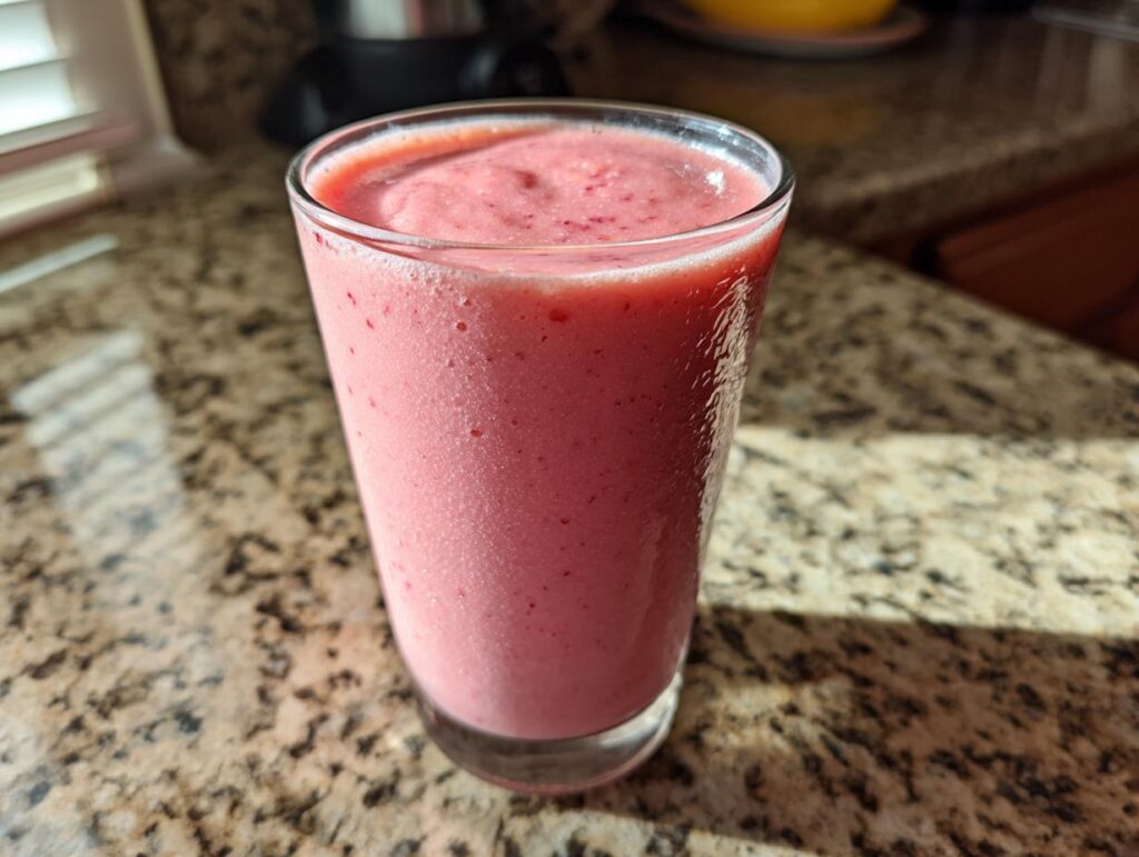 Close-up of a pink strawberry banana smoothie served in a clear glass on a granite countertop.