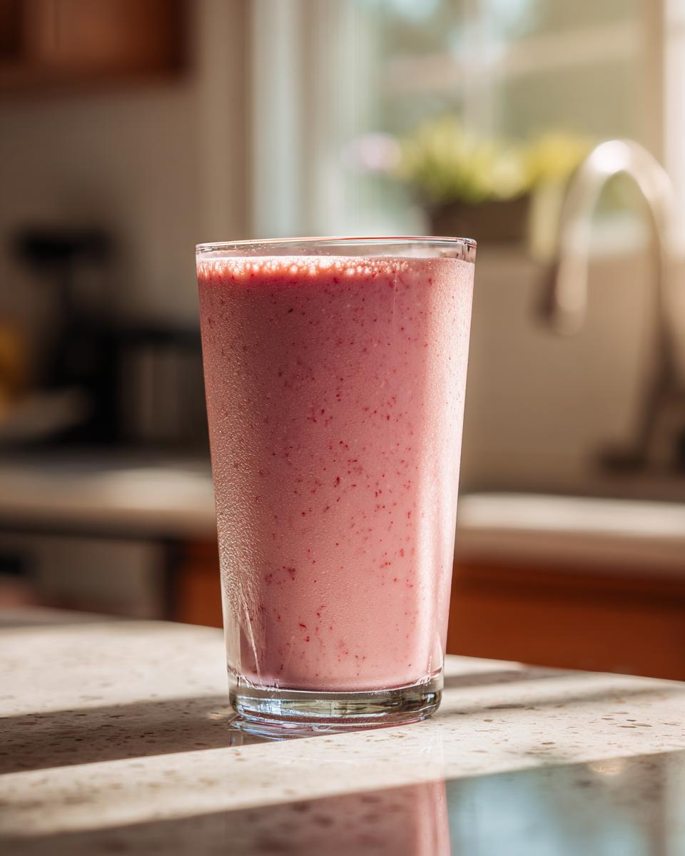 Close-up of a cold strawberry banana smoothie in a glass on a kitchen counter.
