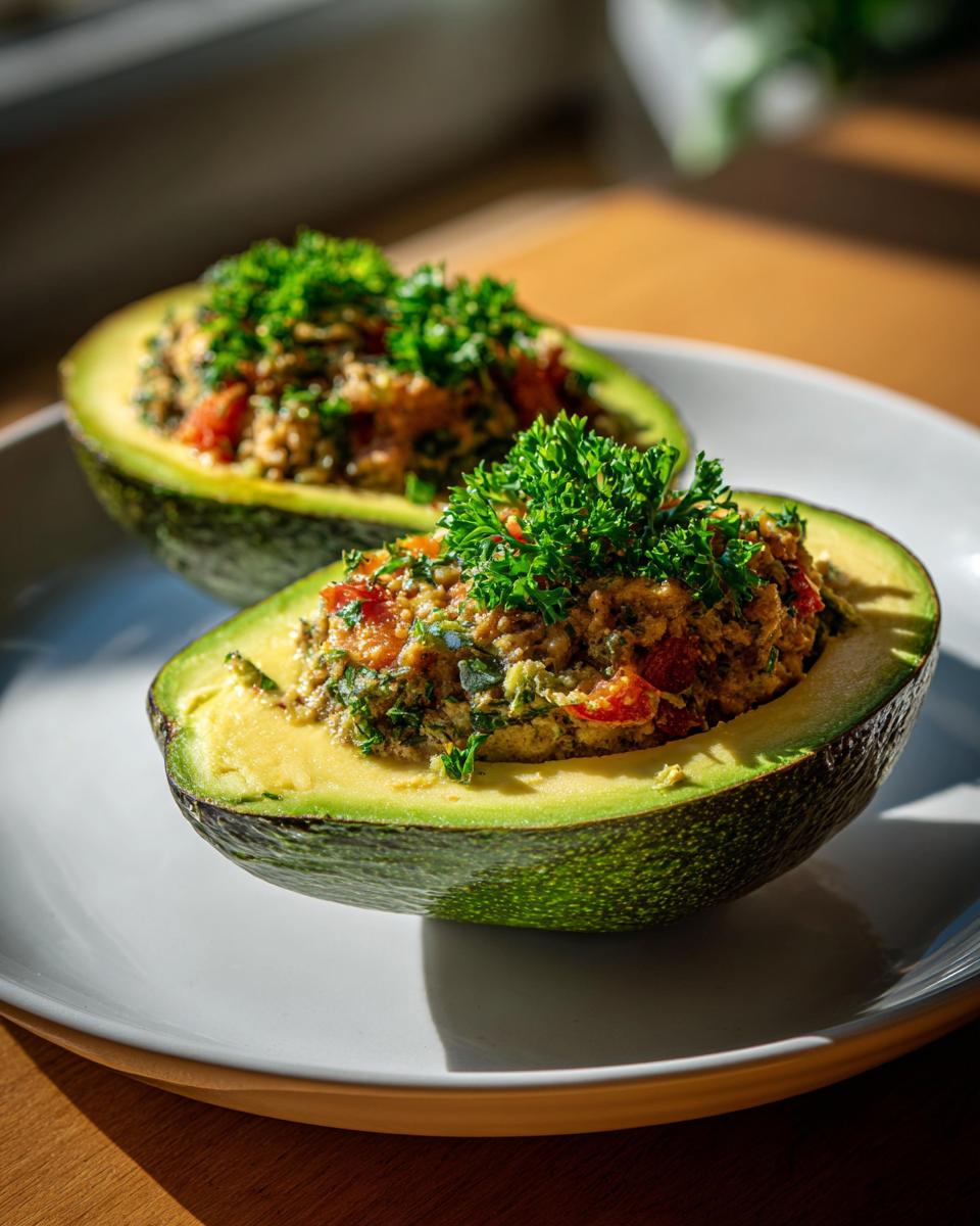 Two avocado halves stuffed with tuna salad and garnished with parsley on a white plate.