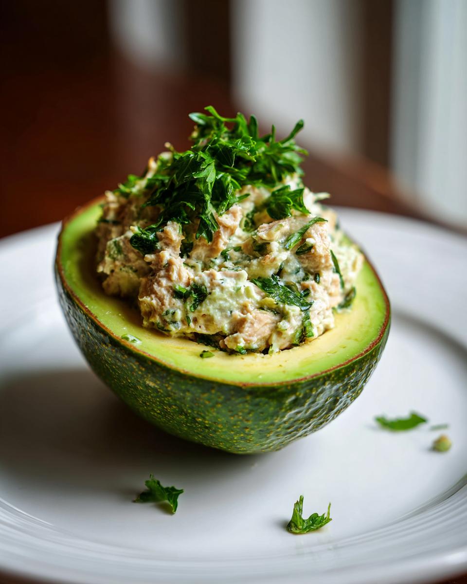 Half an avocado filled with creamy tuna stuffed avocado topped with fresh green herbs on white plate.