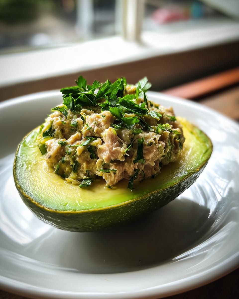 Half avocado filled with creamy tuna stuffed avocado topped with fresh green herbs on white plate.