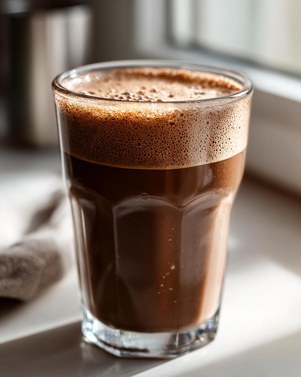 Close-up of a frothy mocha coffee smoothie served in a clear glass with natural light.