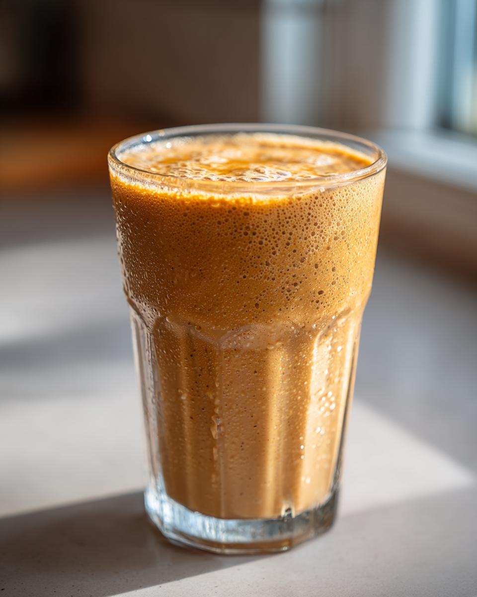 Close-up of a frothy peanut butter banana smoothie in a clear glass with condensation.