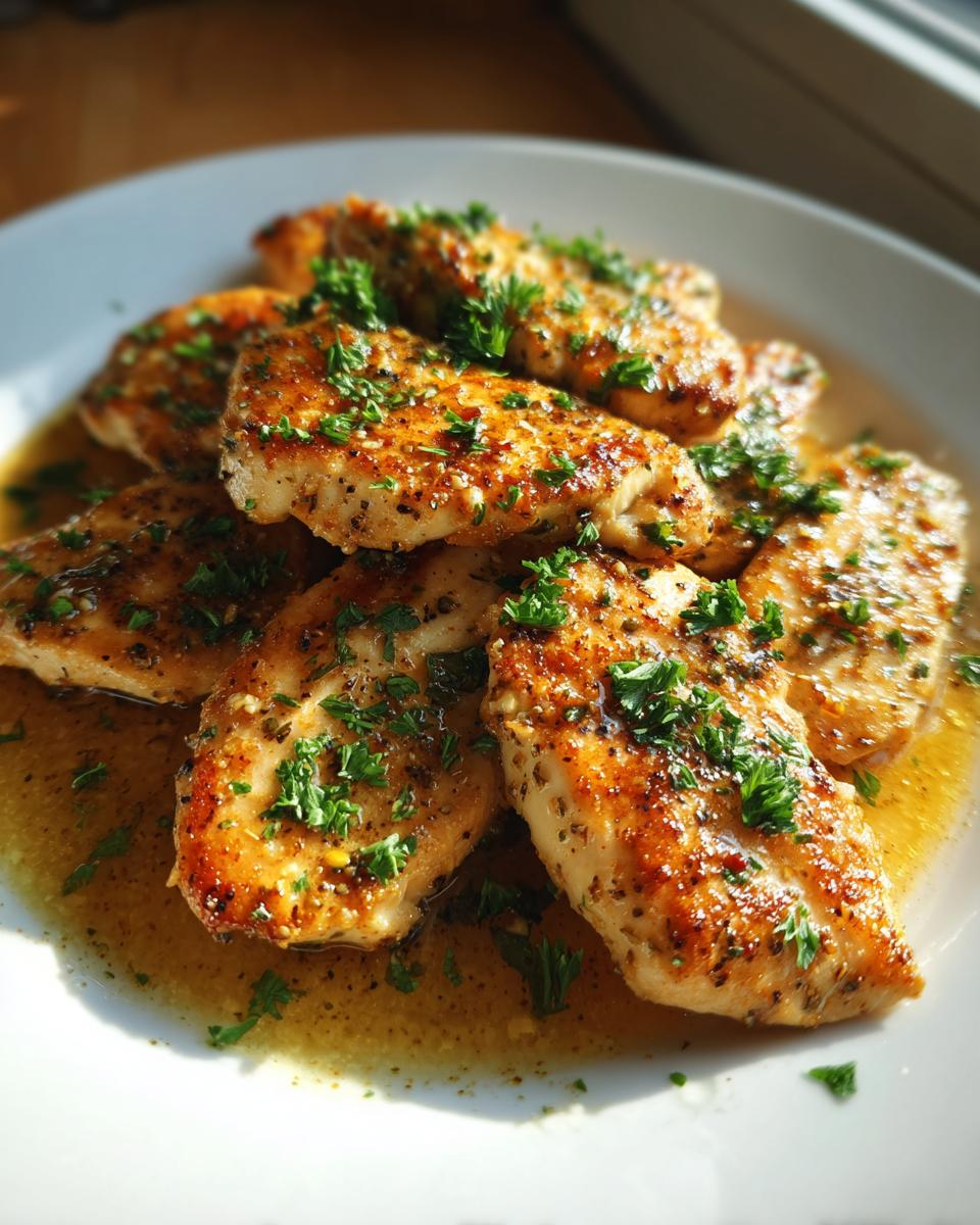 Close-up of garlic butter chicken pieces garnished with chopped parsley on a white plate