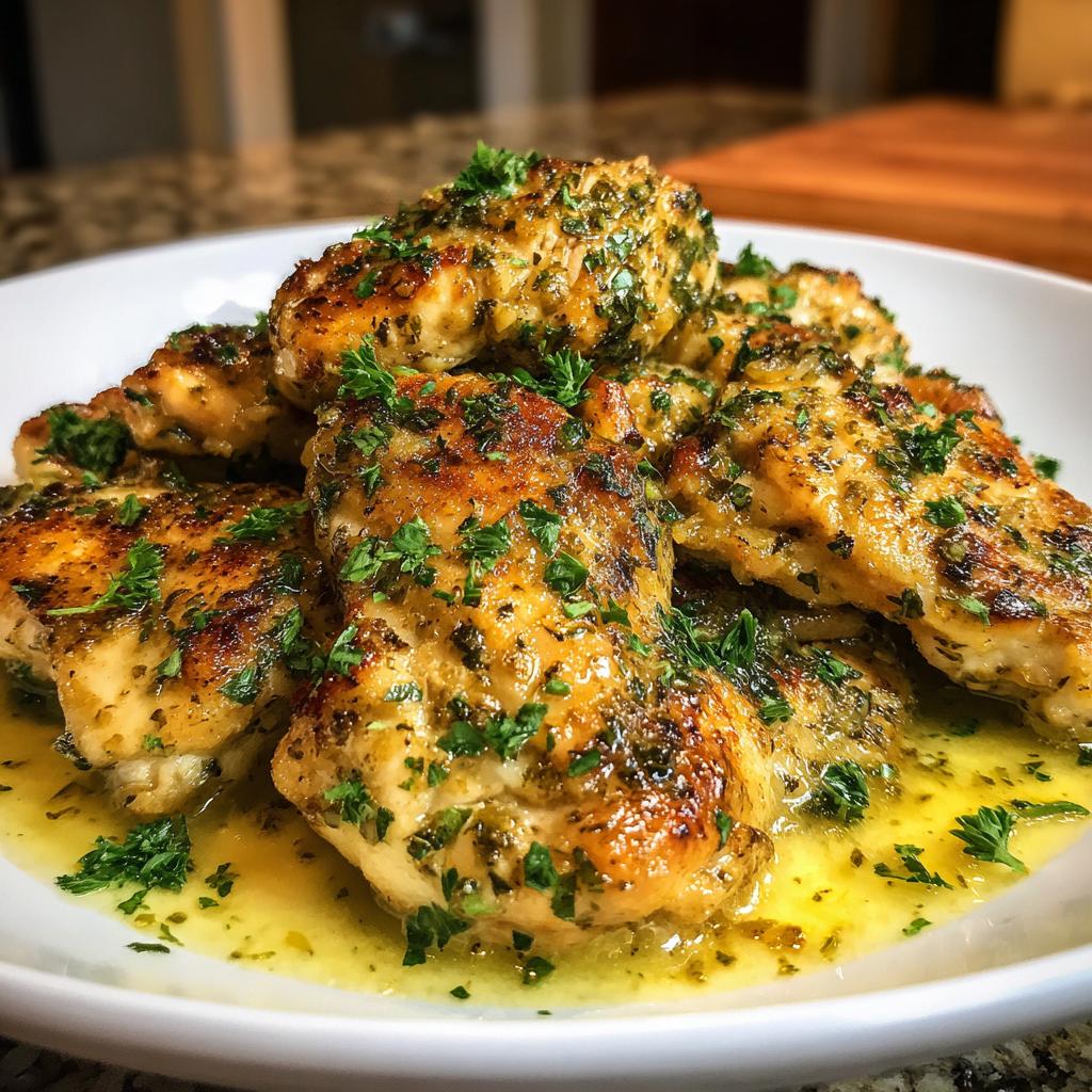 Close-up of garlic butter chicken pieces garnished with chopped parsley on a white plate