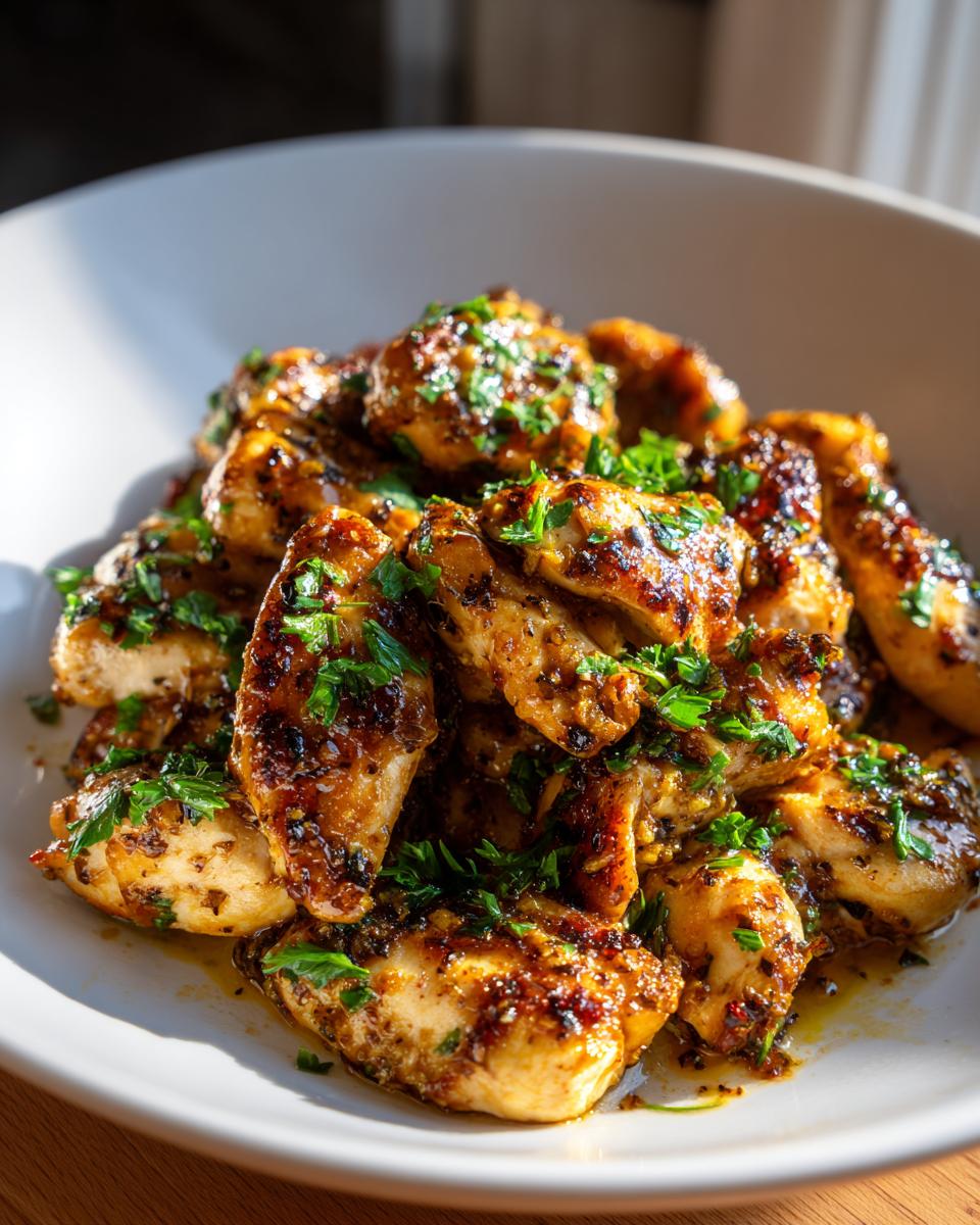 Grilled garlic butter chicken pieces garnished with chopped parsley in a white bowl.