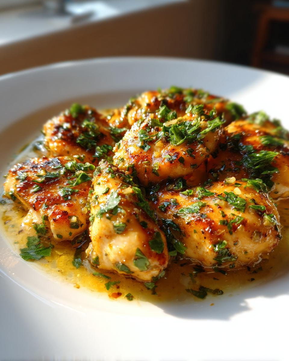 Close-up of garlic butter chicken pieces garnished with fresh herbs on a white plate.