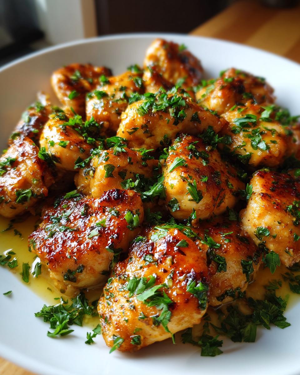 Close-up of garlic butter chicken pieces garnished with fresh parsley on a white plate.