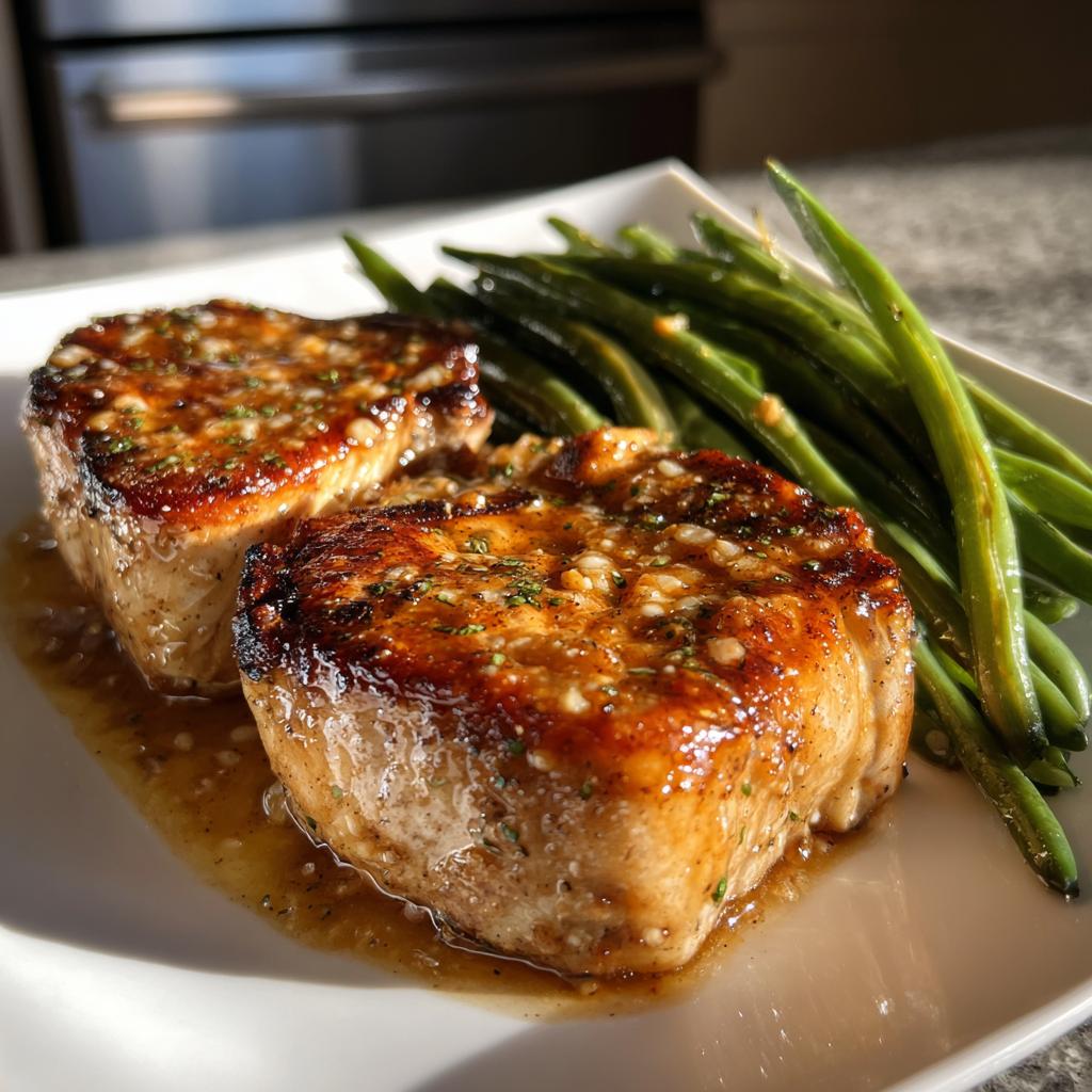 Two garlic butter pork chops glazed with sauce served with sautéed green beans on a white plate.