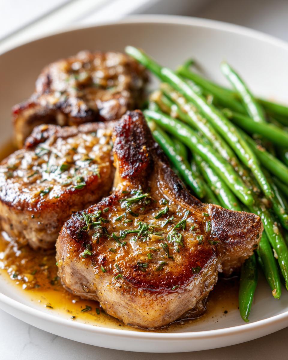 Juicy garlic butter pork chops garnished with herbs served with sautéed green beans