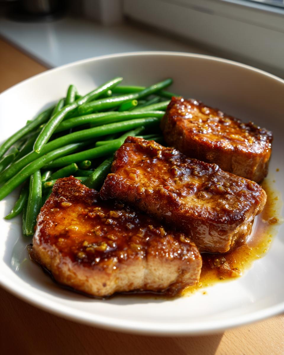 Plate with garlic butter pork chops and green beans glistening with sauce