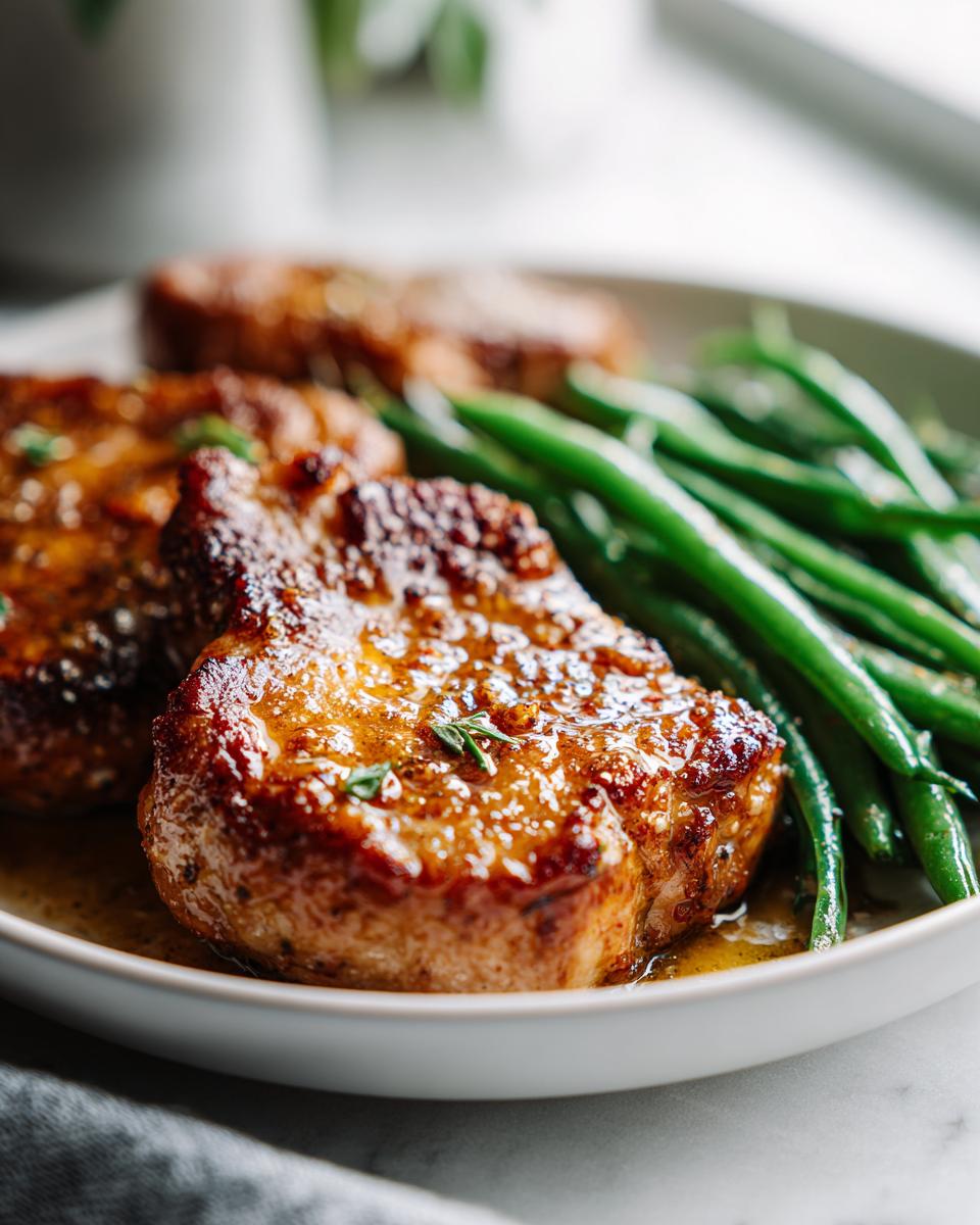 Close-up of garlic butter pork chops and green beans on a white plate.