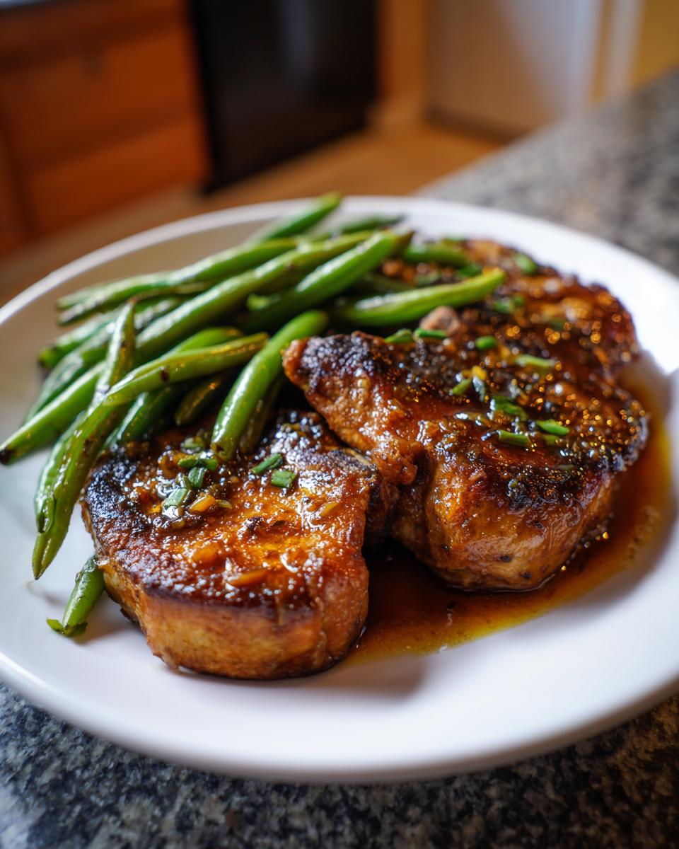 Plate with garlic butter pork chops and green beans garnished with herbs.