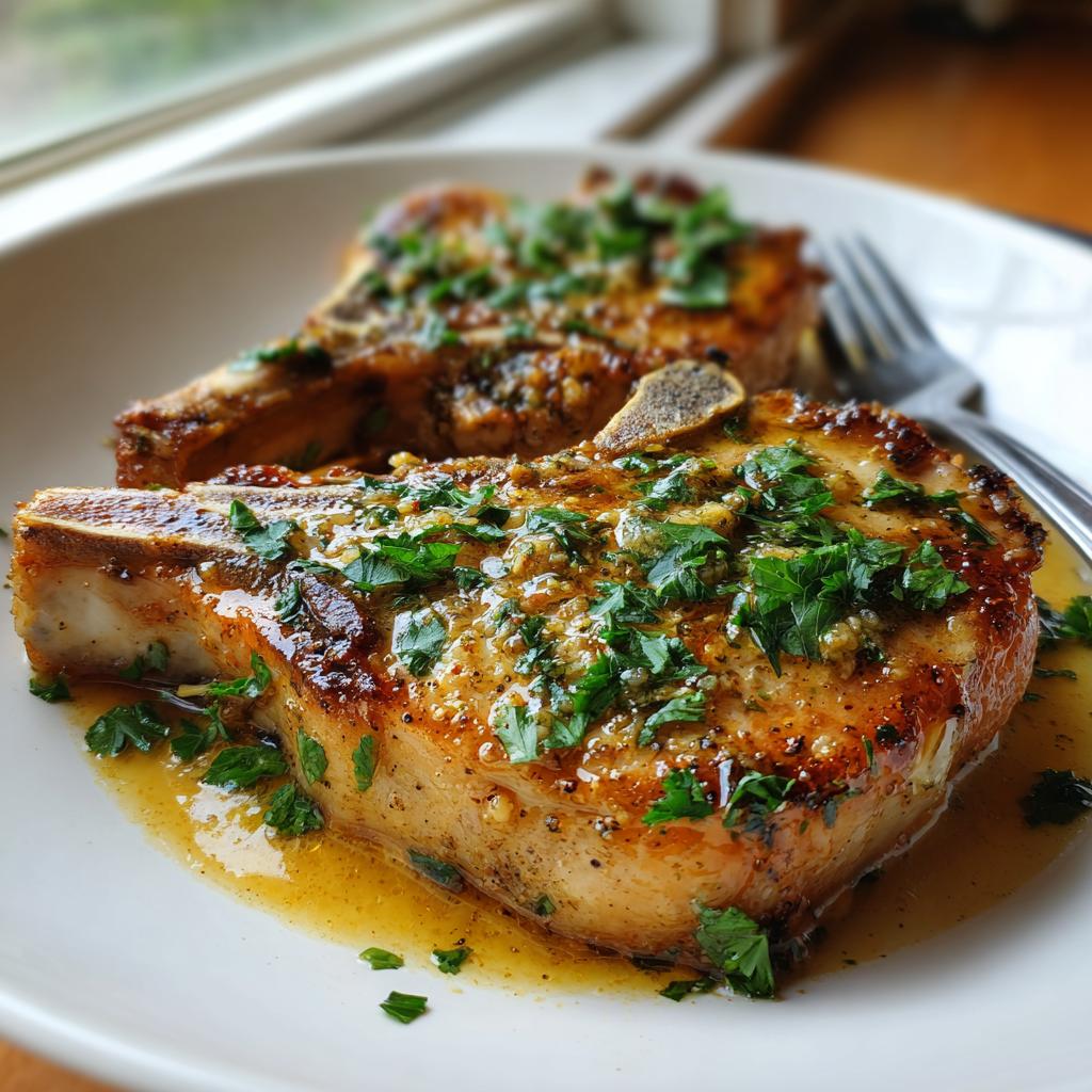 Two garlic butter pork chops in skillet served on a white plate garnished with fresh herbs.